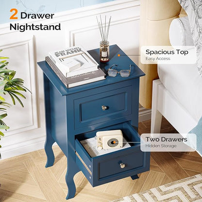 Bonnlo Blue Nightstand Set of 2, Blue Night Stands with Drawers for Bedroom, Kids Room, Living Room, Wood, 15.75" W x 11.8" D x 23.6" H