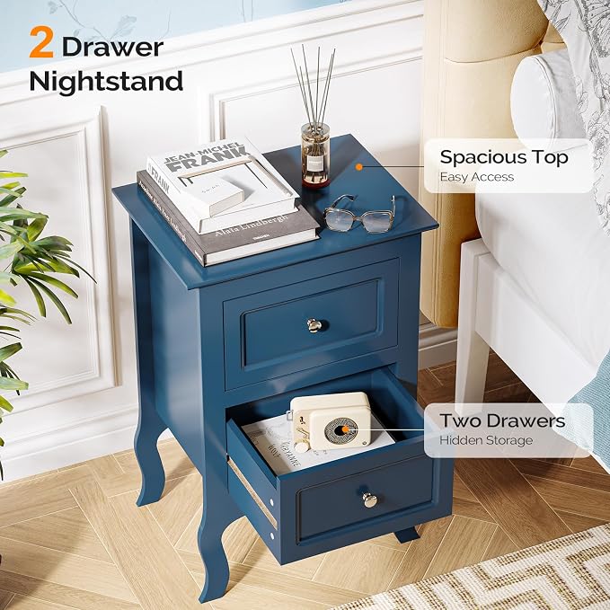 Bonnlo Blue Nightstand with 2 Drawers, Blue Night Stand Bedside Table for Bedroom, Kids Room, Living Room, Small Spaces, Dorm, 15.75" W x 11.8" D x 23.6" H