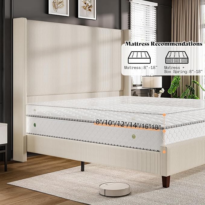 AMERLIFE Queen Size 62" Corduroy Upholstered Bed Frame, Luxurious Platform Bed with Extra Tall Wingback Headboard and Vertical Stripe, No Box Spring Needed/Solid Wood Slats & Legs/Cream