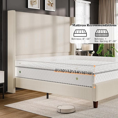 AMERLIFE Queen Size 62" Corduroy Upholstered Bed Frame, Luxurious Platform Bed with Extra Tall Wingback Headboard and Vertical Stripe, No Box Spring Needed/Solid Wood Slats & Legs/Cream