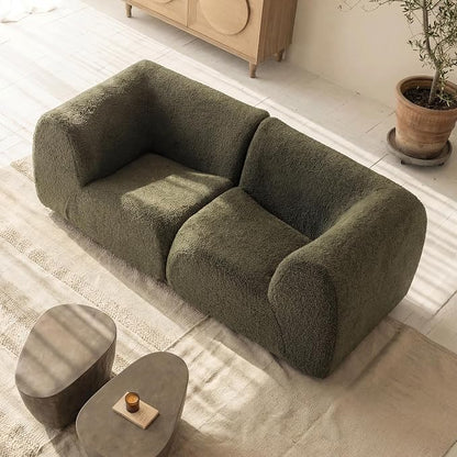 76" Loveseat Modular Sofa with High-Density Foam, 2-Piece Curved Sectional Couches, Boneless Sherpa Deep Seat Couch with Armrest, Cloud Soft Lounge Modern Sofas for Living Room – No Assembly, Green
