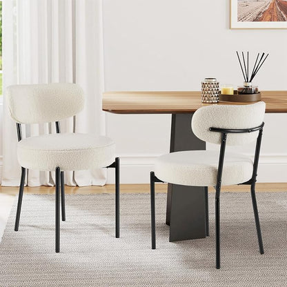 Sweetcrispy Dining Chairs Set of 2, Boucle Upholstered Modern Mid Century Round Kitchen Chairs with Curved Backrest & Metal Legs for Vanity, Living Room - Beige