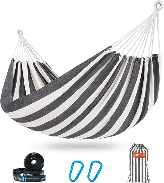 Lazy Daze Hammocks Double Brazilian Cotton Hammock, Extra Large Portable Outdoor Camping Hammock with Tree Straps & Travel Bag for Backyard Patio Poolside Indoor, 550lbs Capacity, Black & White