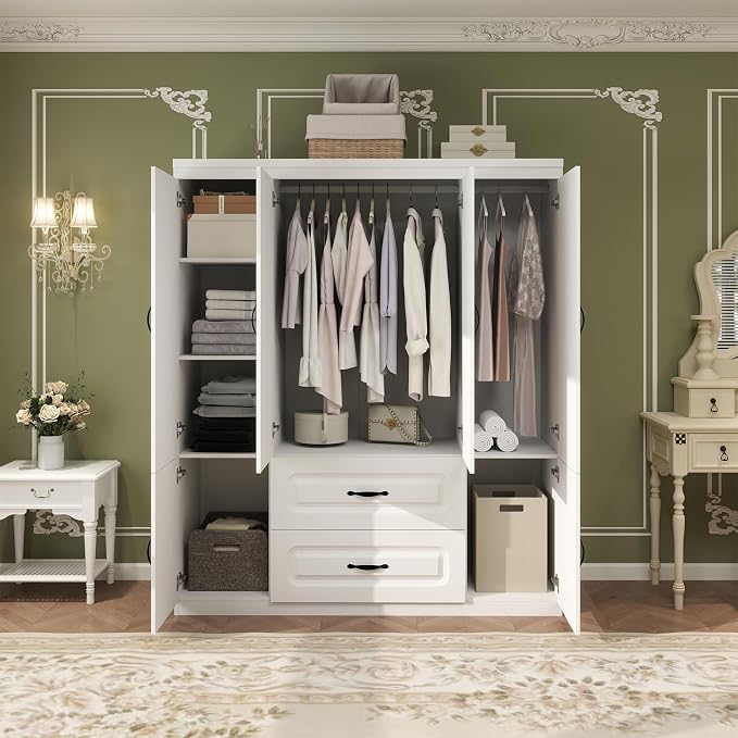 Armoire Wardrobe Closet: White Wood Large Bedroom Armoires Wood Wardrobe Cabinet with 4 Door 2 Drawers Tall Closet with Shelves and 2 Hanging Rail Room