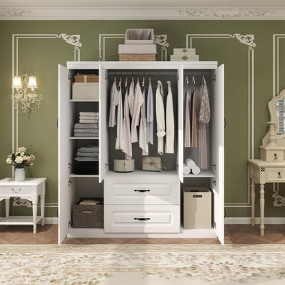 Armoire Wardrobe Closet: White Wood Large Bedroom Armoires Wood Wardrobe Cabinet with 4 Door 2 Drawers Tall Closet with Shelves and 2 Hanging Rail Room