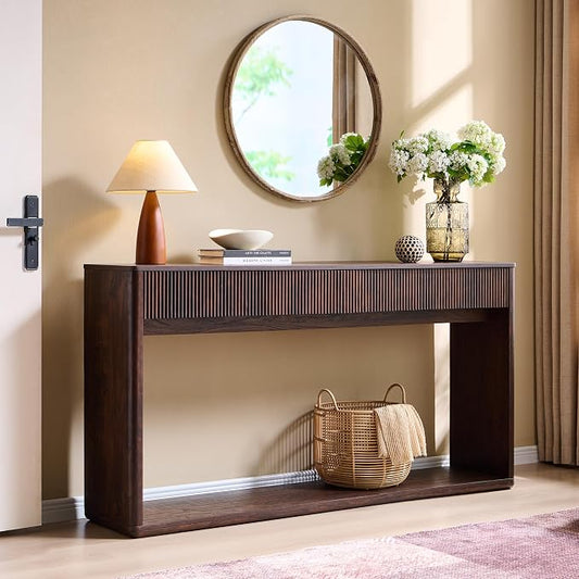 OKD 63" Fluted Console Table for Entryway, Modern Entryway Table with 2 Large Drawers, Long Sofa Table Behind Couch for Living Room, Hallway, Couch, Foyer，Dark Walnut