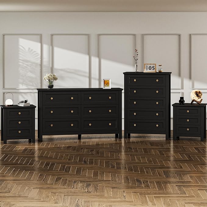 Farmhouse Dresser Nightstand Sets, 4-Piece Bedroom Furniture Set for Home | 5/6 Drawer Dresser Closet & 3 Drawer Nightstand Set of 2, Chest of Drawers for Bedroom, Living Room, Entryway, Black