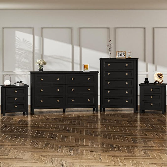 Farmhouse Dresser Nightstand Sets, 4-Piece Bedroom Furniture Set for Home | 5/6 Drawer Dresser Closet & 3 Drawer Nightstand Set of 2, Chest of Drawers for Bedroom, Living Room, Entryway, Black