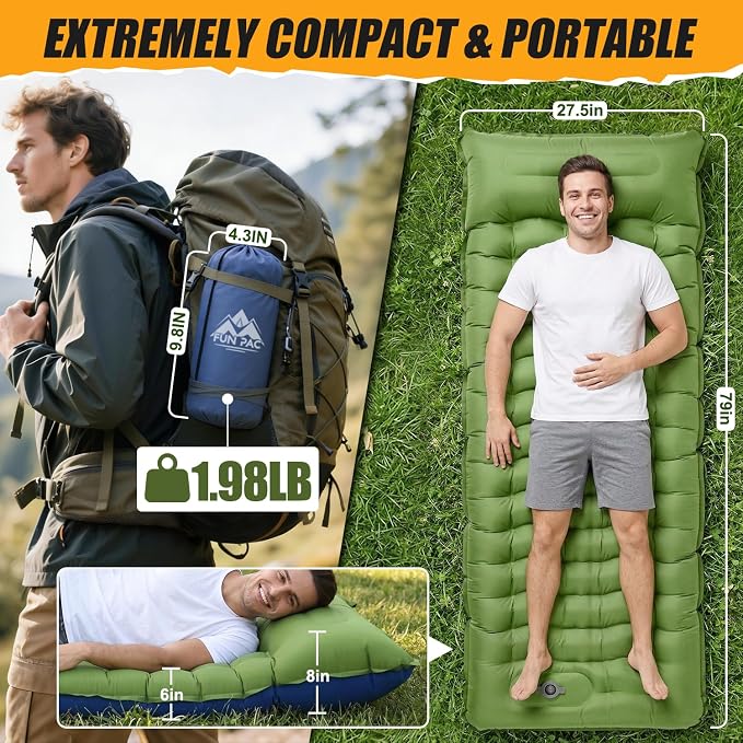 FUN PAC Camping Sleeping Pad,Ultralight Camping Mattress with Pillow, Built-in Foot Pump Inflatable Sleeping Pad Compact for Camping,Backpacking, Hiking,Traveling