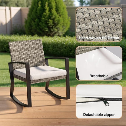 Qsun 3 Pieces Outdoor Patio Furniture Set Rocking Bistro Set, Outdoor Patio Furniture Set with Coffee Table for Garden Balcony Backyard Poolside (Light Grey Cushion)