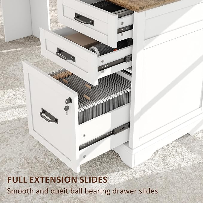 Whalefall 67'' Farmhouse L-Shaped Desk with Drawers for Home Office, White | Computer Corner Desk with File Cabinet and Charging Station, Large Executive L Desk with Locking Drawers Storage