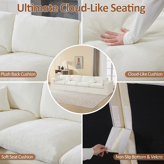 146''Cloud Boneless Sectional Couch, Modular Sectional Sofa Deep Seat, Oversized Upholstered Convertible Comfy 4 Seater Chenille Memory Foam Sofa Couches for Living Room, Beige