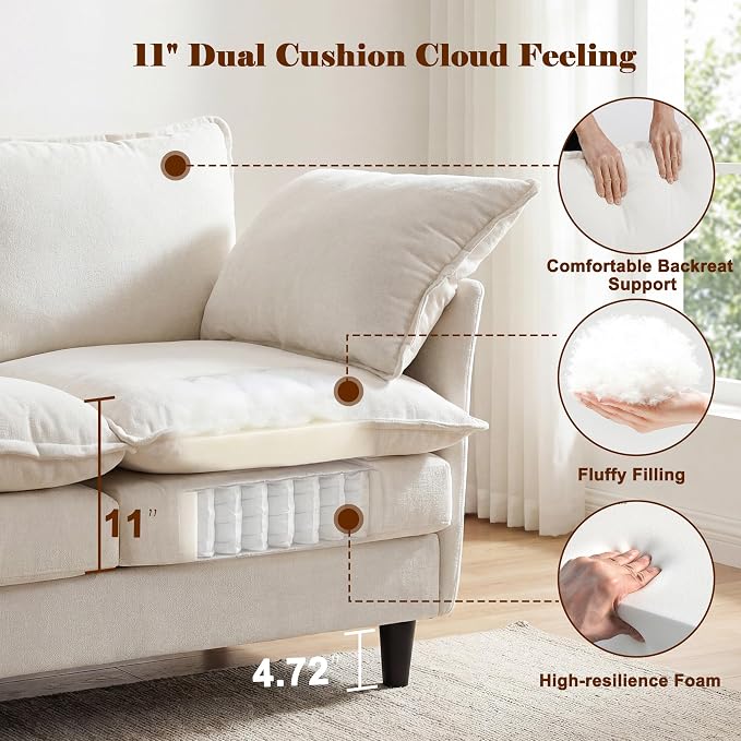 3 Seater U-Shape Couch Sofa with Ottomans, 69" Small Couch Modern Comfy Cloud Sofa with 23" Deep Washable Pillow ChenilleCover Couches for Living Room Bedroom Apartment Office 69-Beige-U