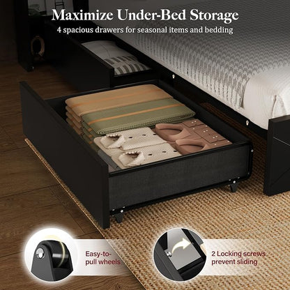 King Size Bed Frame with 2 Bedside Stoage Racks & 4 Locking Drawers, 51.18" Tall Headboard with Charging Station & RGB LED Lights, Farmehouse Platform Bed Frame, No Box Spring Needed, Black