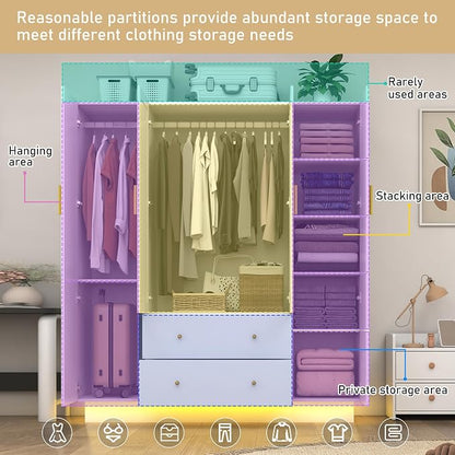 jiteentarou 4 Door Wardrobe Closet with Mirrors and LED Lights, Bedroom Armoire with Drawers and Shelves, Modern Wooden Armoire Wardrobe Closet with Hanging Rod for Bedroom, White