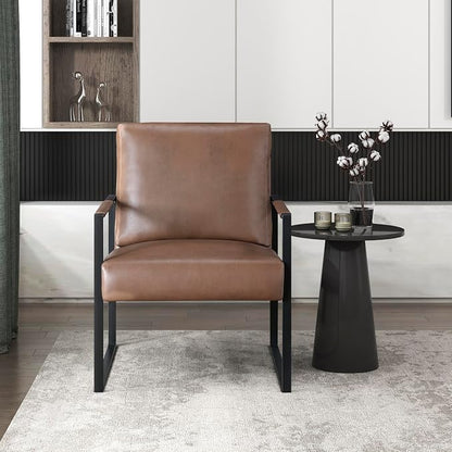 Lexicon Modern Accent Chair, Faux Leather Upholstered Living Room Chair with Wrapped Armrests, Arm Chair with Black Metal Frame, Comfy Single Chair for Living Room/Bedroom/Reading Room/Office, Brown