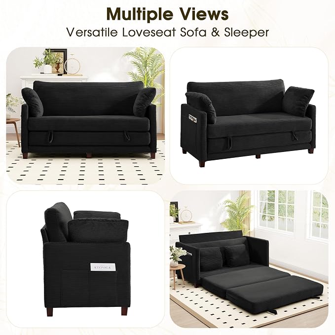 Myroyalsit 65" Convertible Loveseat Sofa Bed, 2-in-1 Folding Sofa Bed with 2 Pillow for Small Spaces, Modern Loveseat Sleeper Couch for Apartment, Living Room & Guest Room (Black Corduroy, 65 inch)