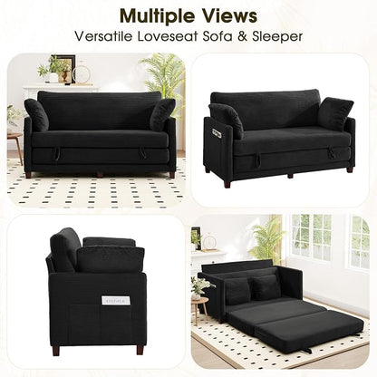 Myroyalsit 65" Convertible Loveseat Sofa Bed, 2-in-1 Folding Sofa Bed with 2 Pillow for Small Spaces, Modern Loveseat Sleeper Couch for Apartment, Living Room & Guest Room (Black Corduroy, 65 inch)