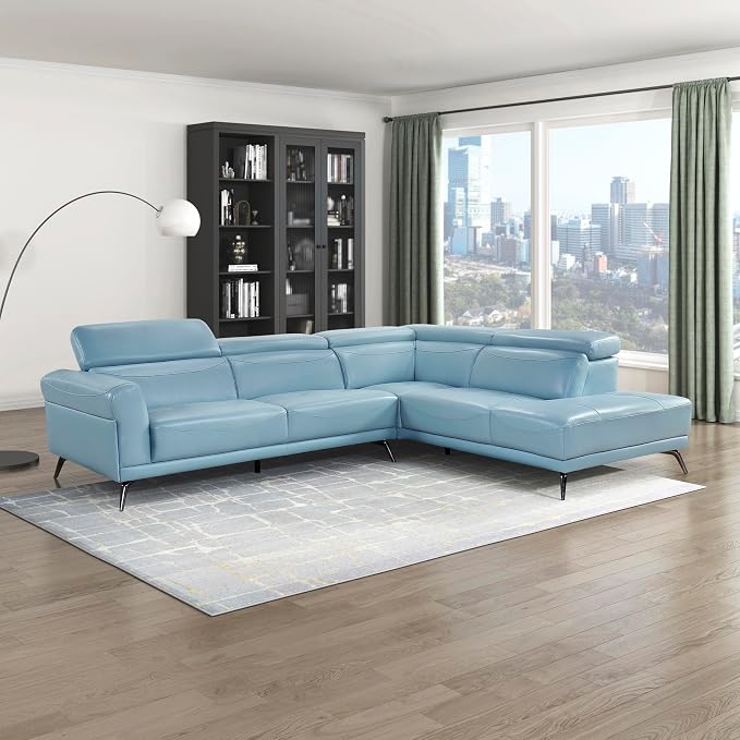 Lexicon L-Shaped Sectional Couch with Right Chaise, Top Grain Leather Match Sectional Sofa, Adjustable Headrests, Black Chrome Metal Legs, High-Density Cushions, Stitching, for Living Room, Blue