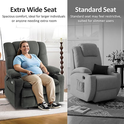 MCombo Big Man Power Lay Flat Lift Chair, Triple Motor Power Lift Recliner with Massage & Dual Heating, Adjustable Headrest, Fabric R7635 (Grey, Large-Wide)
