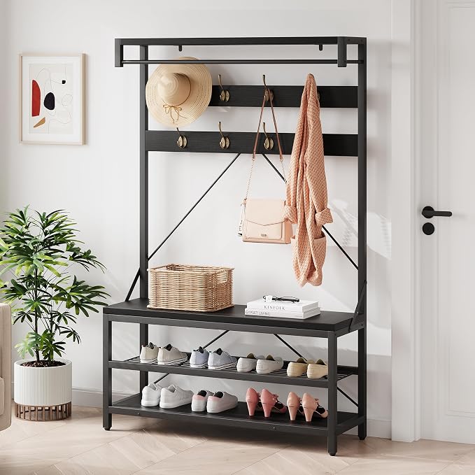 IDEALHOUSE Industrial Hall Tree with Bench and Shoe Storage, 3-in-1 Entryway Mudroom Organizer with 8 Coat Hooks, Heavy Duty Standing Clothes Rack for Hallway, Black