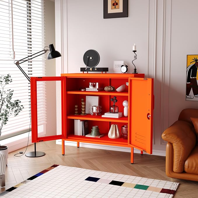 Locking Steel Storage Cabinet Shoe Cabinet for Living Room Bathroom Kitchen Left Wire Mesh Door Right Iron Door Orange Size：33" H x 29.5" W x 13.8" D