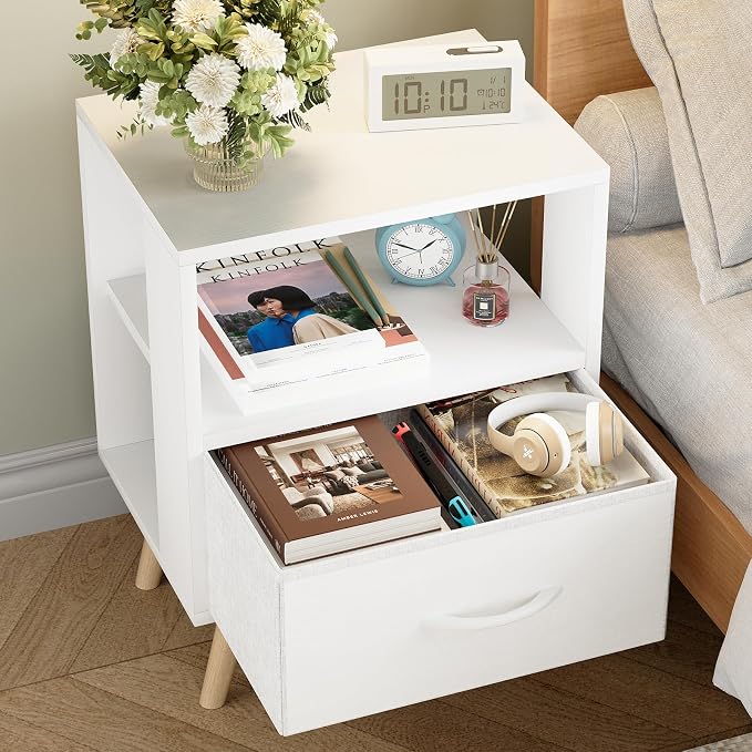 Huhote Kids Nightstand, 2-Tier Night Stand with Drawer, Modern Side Table for Bedroom, Study Room, Small Spaces, White