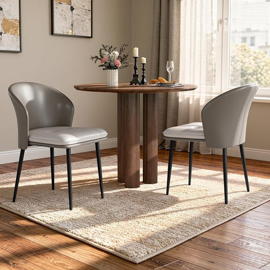 Modern Dining Chairs Set of 2, Faux Leather Upholstered Accent Chair with Metal Legs, Kitchen Side Chair with Comfortable Seat for Dining Room, Living Room, Bedroom, Light Grey