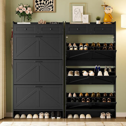 BORNOON Shoe Storage Cabinet for Entryway, Farmhouse Narrow Shoe Cabinet with 3 Flip Drawers & 2 Top Drawers, Adjustable Shelves & Hooks, Freestanding Hidden Rack Organizer for Hallway, Foyer