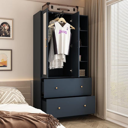 Wardrobe Armoire Closet with Mirror, 2 Door Wardrobe Cabinet with 2 Drawers & Extendable Hanging Rod, Bedroom Armoire Cabinet Clothes Organizer, Type A Blue (35.5" W x 15.8" D x 70.8" H)