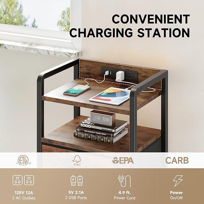 Lazzanto Night Stand Bedside Table Bedroom - Nightstand with Charging Station & LED Light Strip, Bed Side End Table with Storage Shelf & 3 Fabric Drawers, U-S-B Ports & AC Outlets, Rustic Brown