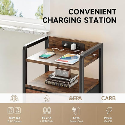 Lazzanto Night Stand Bedside Table Bedroom - Nightstand with Charging Station & LED Light Strip, Bed Side End Table with Storage Shelf & 3 Fabric Drawers, U-S-B Ports & AC Outlets, Rustic Brown
