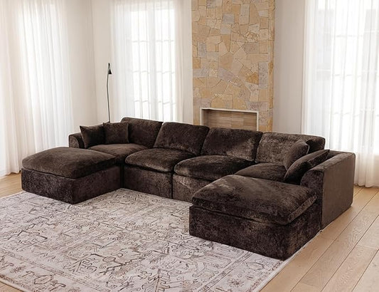 146" Modular Sectional Sofa – Modern Cloud Couch with Deep Chenille Seats, U-Shaped Boneless Sofa, Pet-Friendly, No Assembly, Brown (4 Seater + 2 Ottoman)