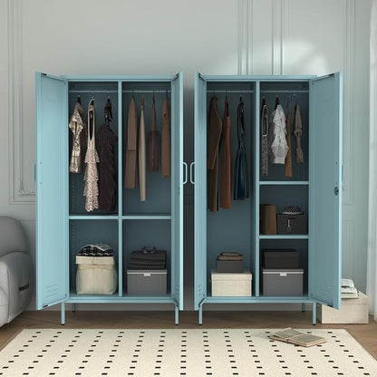 Industrial 67" Blue Lockable Metal 2-Door Storage Cabinet, Multi-Purpose Wardrobe with Hanging Rod & Adjustable Shelves, Heavy Duty for Bedroom, Garage, Home Office 67" H X 31.5" W X 18.1" D