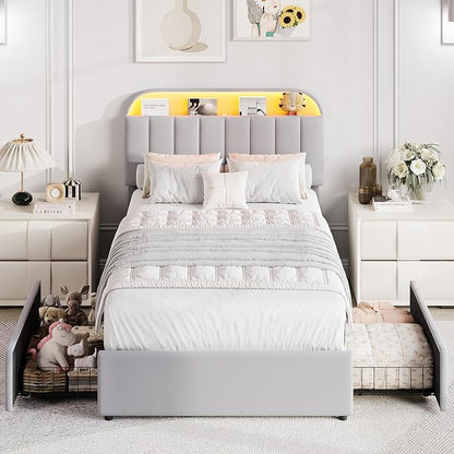 GarveeHome Twin XL Bed Frame with Storage Headboard, Kids Bed Frame with 2 Drawers, Velvet Upholstered Platform Bed Frame with Lights, No Box Spring Needed, Easy Assembly, Velvet Grey