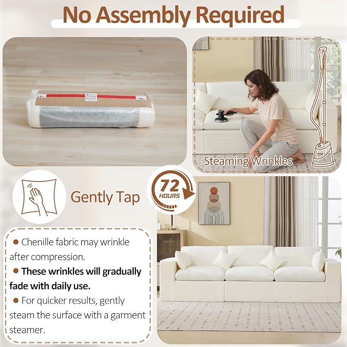 115''Cloud Boneless Sectional Couch, Modular Sectional Sofa Deep Seat, Oversized Upholstered Convertible Comfy 3 Seater Chenille Memory Foam Sofa Couches for Living Room, Beige