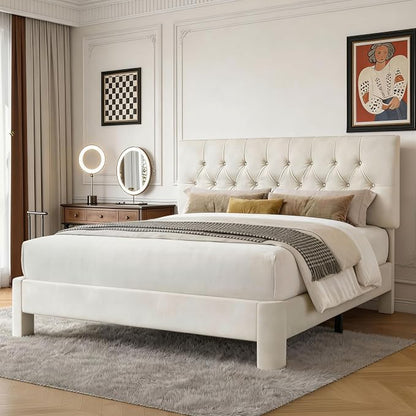 King Size Bed Frame with Headboard, Luxury Velvet Fabric Upholstered Bed frame with Button Tufted Design, Strong Wooden Slats Support - Low & Sturdy, Noise-Free, No Box Spring, Easy Assembly, Beige | Plush velvet