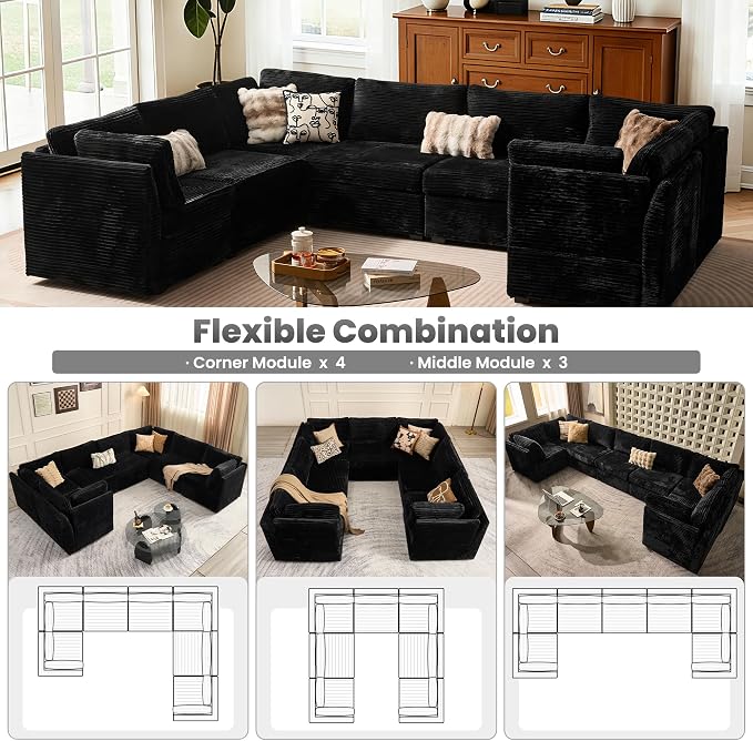 ovios Modular Sectional Sofa Couch with U-Shape Chaise Oversized, Comfy Plush Corduroy Cloud Couches, Modern Luxury Deep Seat Sofas Set for Living Room, 7-Seater, Black