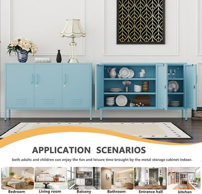 32" Blue 3 Door Lockable Metal Cabinet, Freestanding Heavy Duty Storage Locker with Adjustable Shelves for Home Office Kitchen Living Room