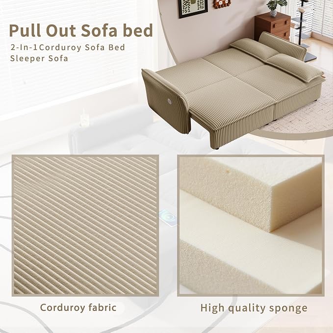 85" Pull Out Sofa Bed Full Size, Pre-Assembled Corduroy Sleeper Sofa, Convertible Loveseat Futon Couch with Storage Ottoman, USB, Pillows, for Apartment, Living Room, Small Spaces, Camel
