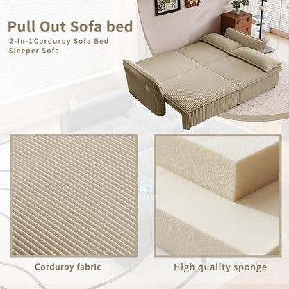 85" Pull Out Sofa Bed Full Size, Pre-Assembled Corduroy Sleeper Sofa, Convertible Loveseat Futon Couch with Storage Ottoman, USB, Pillows, for Apartment, Living Room, Small Spaces, Camel