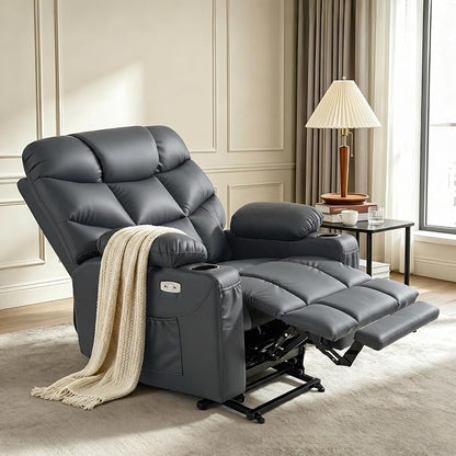 MCombo Oversized Power Lift Recliner Chair with Extended Footrest, Extra Wide for Big and Tall Elderly People, Faux Leather R7289 (Dark Grey, Medium-Wide)