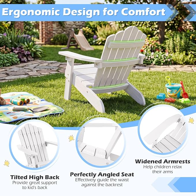 Costzon Kids Adirondack Chair, All-Weather HIPS Toddler Outdoor Chair, Wooden Textured Plastic Fire Pit Chair, Kids Patio Chair for Backyard Lawn Garden, Fits Children Age 3-7 Years (1, White)