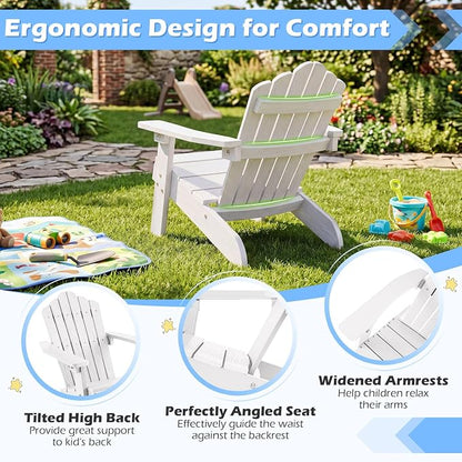 Costzon Kids Adirondack Chair, All-Weather HIPS Toddler Outdoor Chair, Wooden Textured Plastic Fire Pit Chair, Kids Patio Chair for Backyard Lawn Garden, Fits Children Age 3-7 Years (1, White)