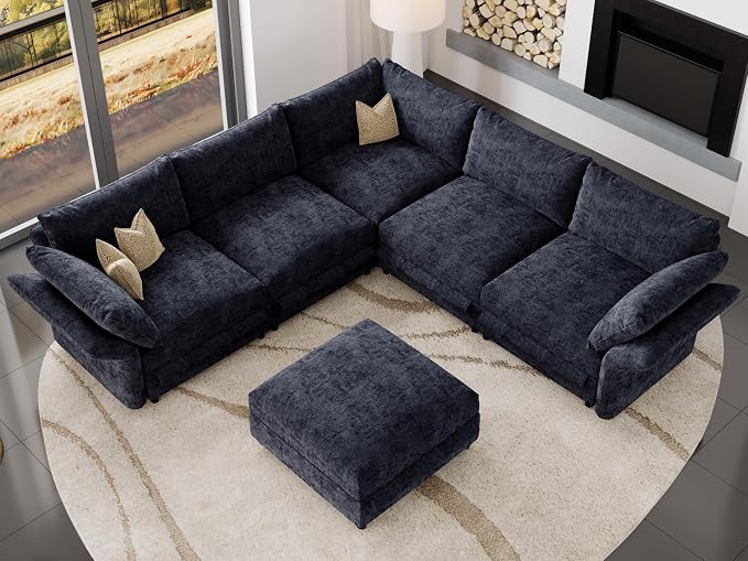 DreamDashio 126″ 6-Seat Modular Sectional Sofa, Oversized Cloud Couch with Storage, Adjustable Arms & High Backs, Dark Grey Chenille for Living Room