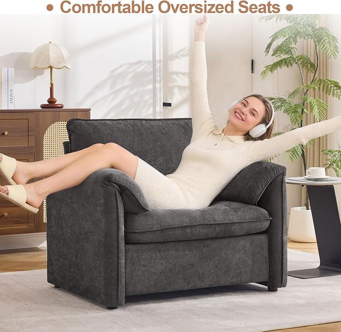 Oversized Accent Chair for Living Room, 41.73" Large Modern Armchair with Deep Seat, Mid-Century Comfy Reading Chair with Padded Arms, Chenille Single Sofa Chairs for Bedroom, Dark Grey