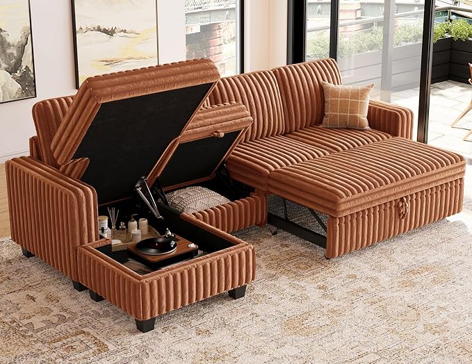 Belffin Modular Sectional Sofa with Storage Chaise Corduroy Sleeper Sofa with Pull Out Bed L Shaped Couch for Living Room. Apartment Couch. Brick-red