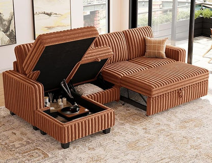 Belffin Modular Sectional Sofa with Storage Chaise Corduroy Sleeper Sofa with Pull Out Bed L Shaped Couch for Living Room. Apartment Couch. Brick-red