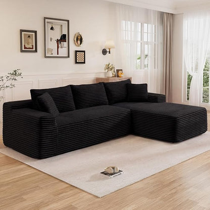 96" L Shaped Cloud Boneless Sectional Couches for Living Room, Modern Comfy Modular Deep Seat Memory Foam Compressed Corduroy Sofa Oversized Right Facing Chaise, No Assembly Required, Balck