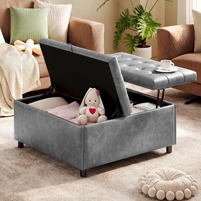 Grey Leather 36 Inch Extra Large Lift Top Living Room Storage Ottoman | LINLUX Tufted Upholstered Shoe Storage Entry Bench, Bed Benches For Foot Rest, Lift Footrest For Dorm Bedroom Office